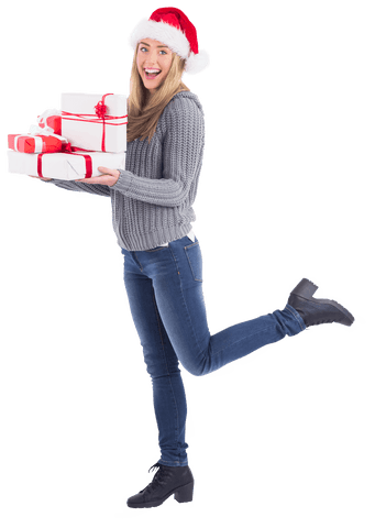 Festive Woman with Santa Hat Holding Christmas Gifts on Transparent Background - Download Free Stock Videos Pikwizard.com