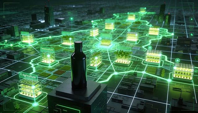 Futuristic urban agri-tech network with neon nodes and black bottle on digital pedestal