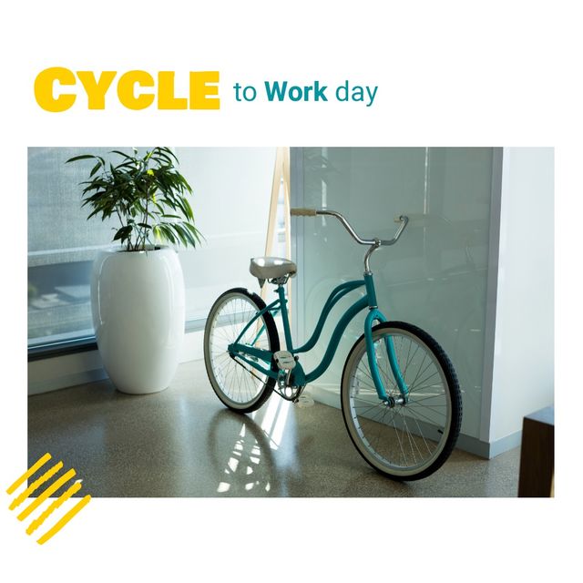 Digital composite image of bicycle by wall in office and cycle to work day text, copy space. transportation, awareness, healthy and sustainable concept.