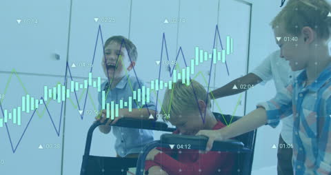 Children Playing with Wheelchair and Stock Market Overlay