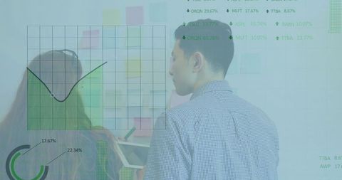 Office team discussing data analysis with digital overlay