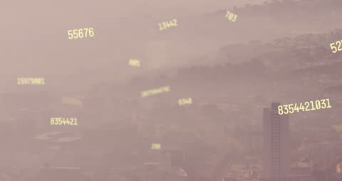 Floating Numbers Over Urban Cityscape at Dusk