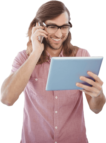 Young Professional on Mobile Phone with Tablet Transparent Background - Download Free Stock Videos Pikwizard.com