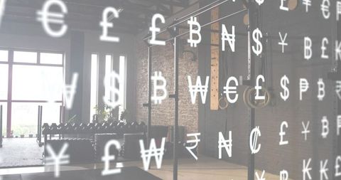 Industrial gym projecting floating currency symbols symbolizing fitness finance and investment