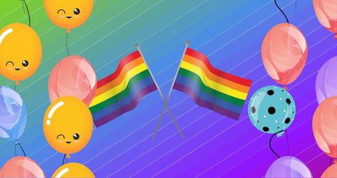 Colorful balloons and rainbow flags on bright background