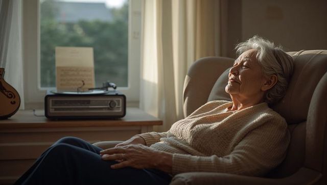 Senior woman reclining in armchair basking in warm sunlight with vintage radio