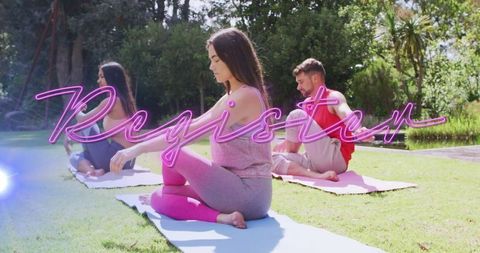 Wellness outdoor yoga class with registration overlay