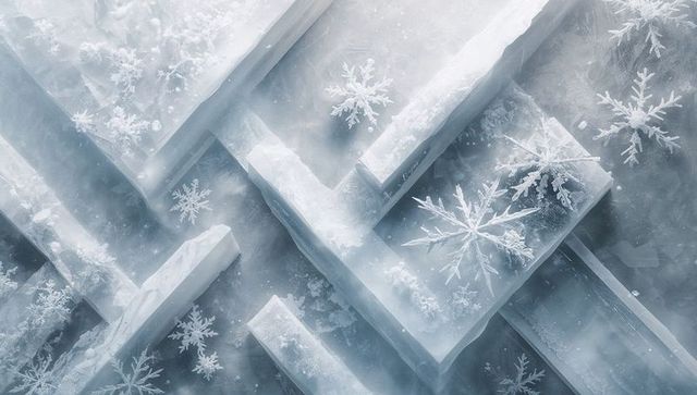 Layered Ice Crystal Blocks with Delicate Snowflakes, Frosted Geometry and Translucent Look