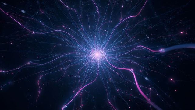 Neon neural core radiating blue and magenta filaments in dark cosmic void