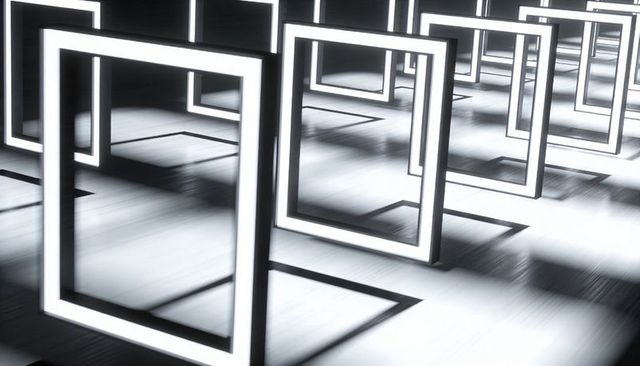 Glowing LED Frame Grid Receding in Monochrome Gallery with Crisp Reflections and Shadows