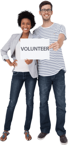 Diverse couple holding transparent volunteer sign