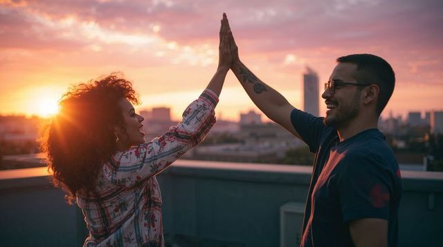 Couple High-Fiving on Rooftop at Sunset, Golden Hour Friendship and Urban Connection