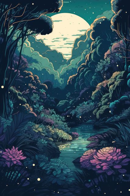 Rainforest with river and tropical plants and full moon, created using generative ai technology. Rainforest, nature and scenery concept digitally generated image.
