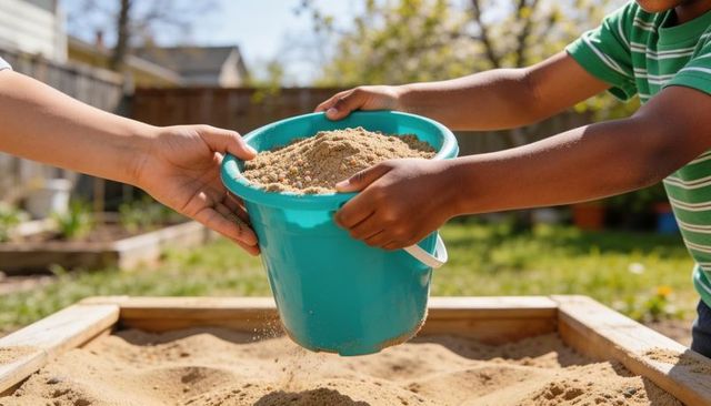 Children pouring sand from turquoise bucket into wooden sandbox during backyard playtime