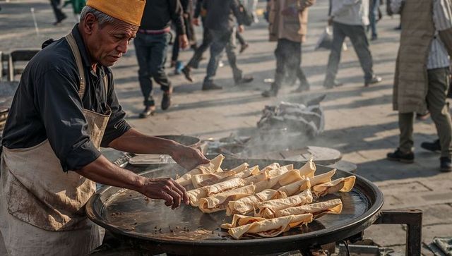 Street vendor cooking rolled flatbreads on large griddle at busy urban market