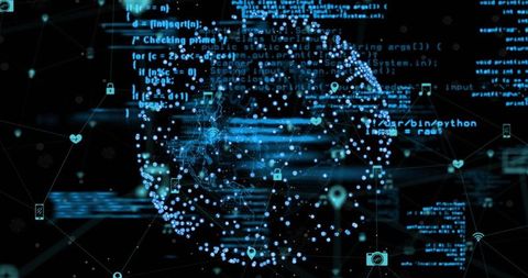 Rotating Data Globe Pulsing Blue in Virtual Network with Code Overlays and Security Icons