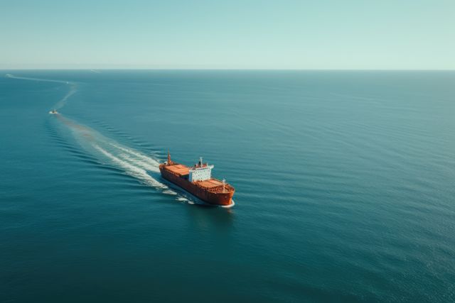 Cargo ship sailing alone in open ocean. Ideal for depicting maritime transportation, global trade, and freight logistics. Perfect for articles, blogs, and materials related to shipping industry, international commerce, or nautical themes.