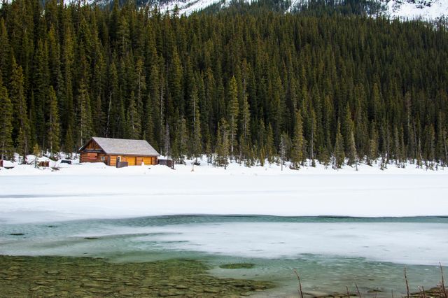 Scenic view of a wooden cabin nestled next to a frozen lake, surrounded by a dense pine forest during winter. Snow blankets the ground, creating a peaceful and remote setting ideal for use in nature and wilderness magazines, winter destination brochures, and travel blogs emphasizing seasonal getaways. Perfect to evoke feelings of tranquility and solitude.