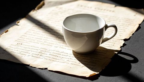 White ceramic cup resting on aged manuscript parchment casting dramatic shadow with soft light