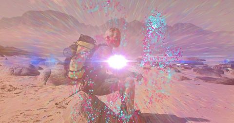 Mature Male Hiker with Backpack at Vibrant Beachside