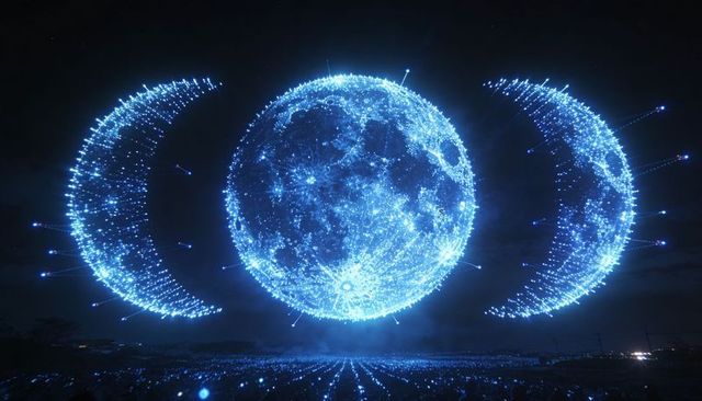 Futuristic glowing drone moon installation with blue holographic sphere and crescent arcs