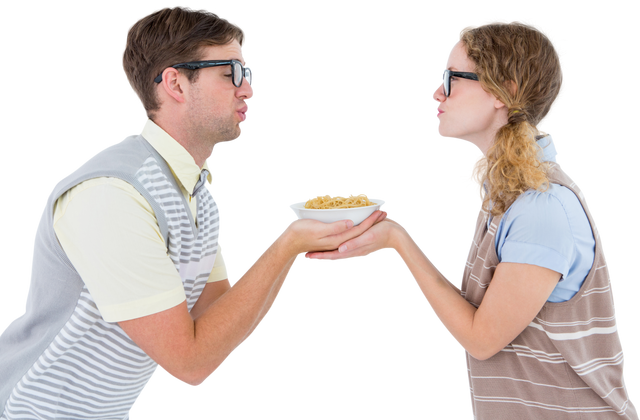 Geeky Hipster Couple Holding and Kissing Over Transparent Bowl of Pasta - Download Free Stock Videos Pikwizard.com