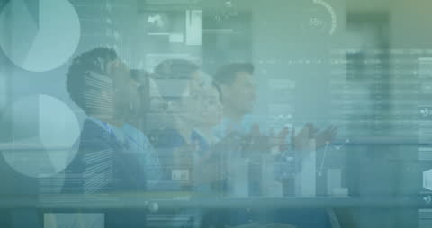 Business Team Applauding with Digital Financial Data Overlay