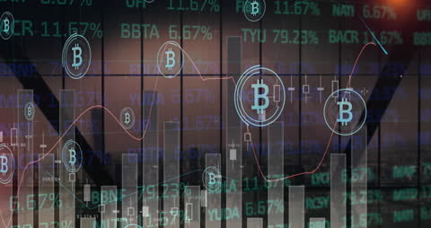 Bitcoin Cryptocurrency Graphs Overlooking Modern Cityscape
