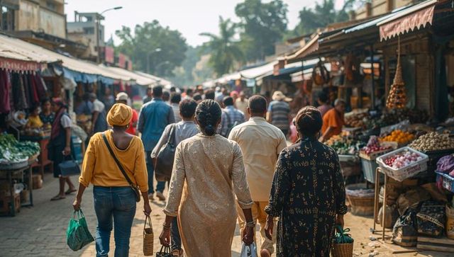 Women walking through bustling open-air market carrying woven baskets filled with fruits and produce