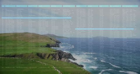 Digital overlay on coastal cliffs breathtaking ocean scene