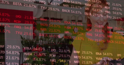 Financial Data Animation Over Happy Woman Using Smartphone