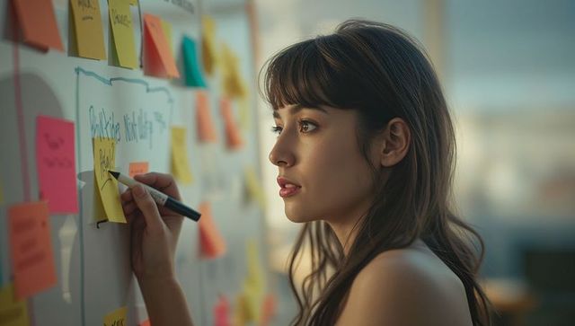 Focused Businesswoman Creating Plans with Colorful Sticky Notes on Whiteboard