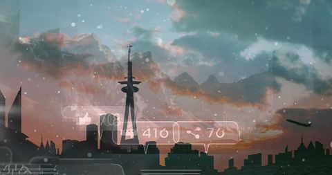 Futuristic cityscape overlay with social media concepts