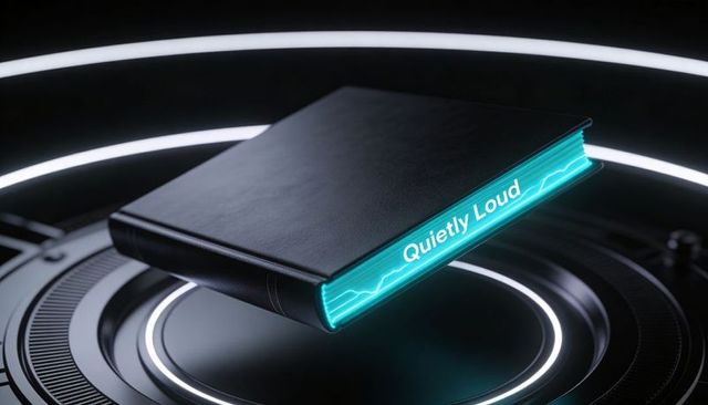 Levitating black hardcover with glowing cyan fore-edge and quietly loud neon typography