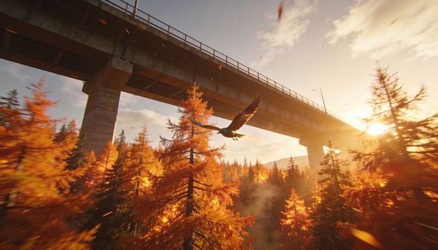 Soaring raptor gliding beneath concrete overpass above autumn forest during golden hour