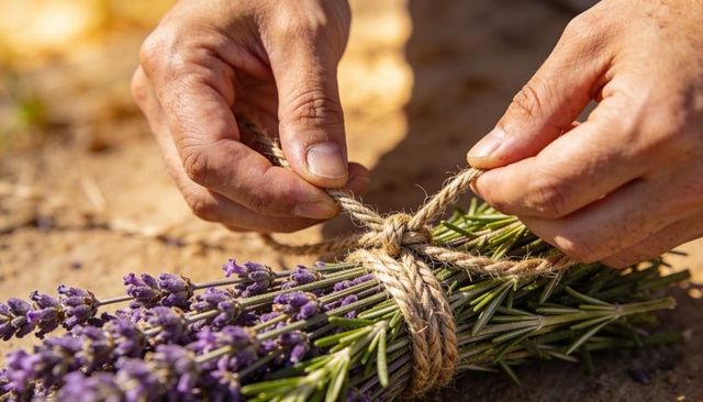 Tying rustic twine around fresh lavender and rosemary bundle for drying and decor