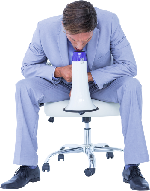 Handsome Businessman in Suit Sitting Speaking Through Transparent Background Megaphone - Download Free Stock Videos Pikwizard.com