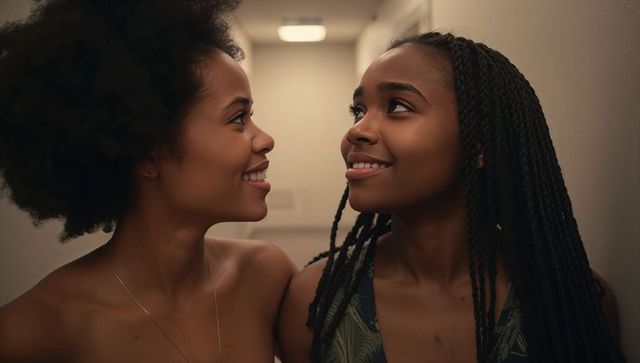 Smiling friends sharing quiet moment in narrow hallway, looking warmly at each other