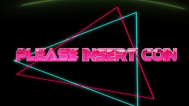 Bright pink and blue neon fixture displays 'Please Insert Coin' over dark backdrop with geometric shapes, blending nostalgic 80s arcade look with quirky futuristic concept. Perfect for expressing invitation or challenge in game-related material, banner sign exhibiting play call, or updating media cult design. Suitably utilized by video creators, graphic designers preferring prominent aesthetics provided in vintage flash acknowledge role alternatively hosting virtual ephemerality experiences events .