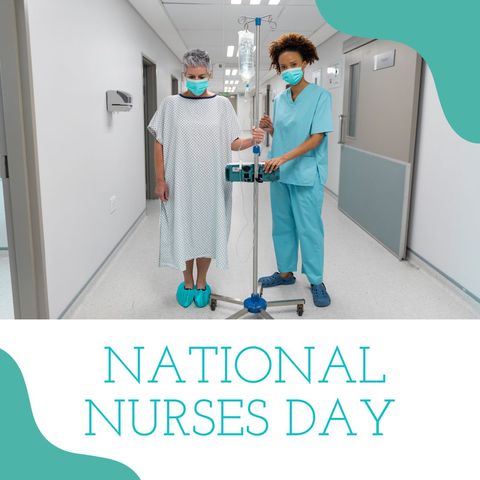 Nurse caring for patient in hospital hallway for national nurses day