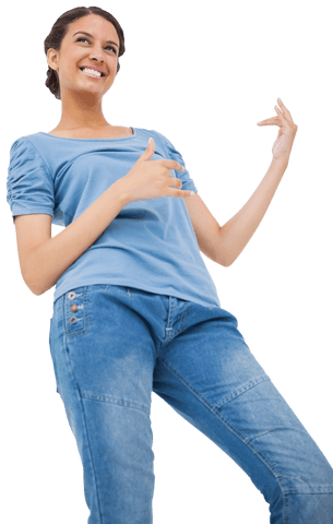 Smiling Young Woman Playing Transparent Air Guitar in Jeans
