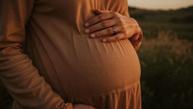 Pregnant woman cradling belly in meadow at golden hour with visible wedding ring