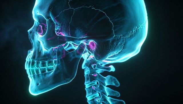 Luminescent lateral skull and cervical spine highlighting tmj function and c1-c4 anatomy
