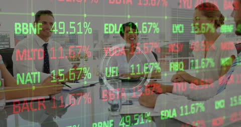 Business Team Discussing Strategies Amid Stock Market Data Overlay