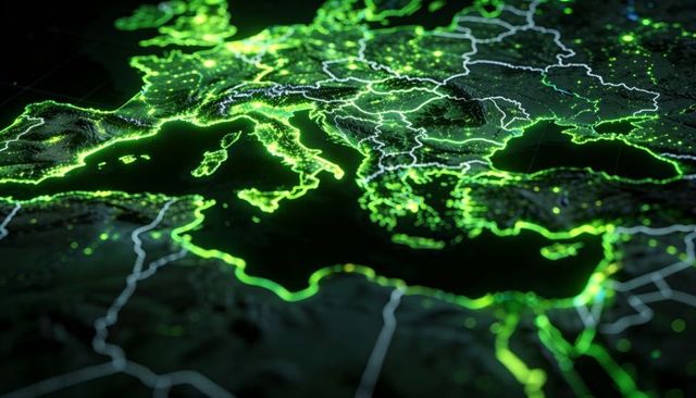 Neon cyber map highlighting Mediterranean coastlines and urban nodes in Europe and Africa