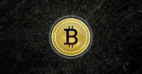 Gold bitcoin coin glowing in dark radial burst with bold circuit rings, halo and speckles