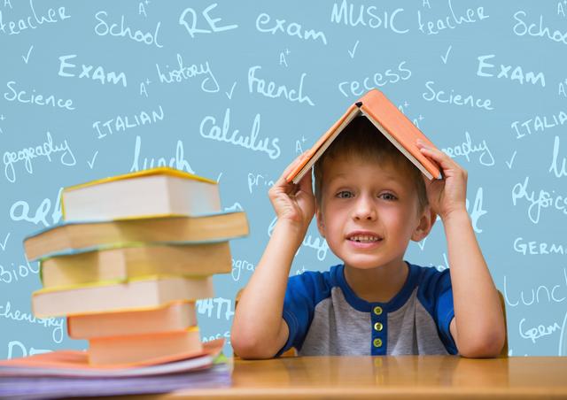 The image shows a young schoolboy placing a book on his head while sitting at a desk, with a background filled with various school-related doodles. The scene suggests a playful take on the challenges of studying and learning. It is suitable for use in educational materials, back-to-school promotions, articles on student life, and content focused on childhood education and academic preparation.
