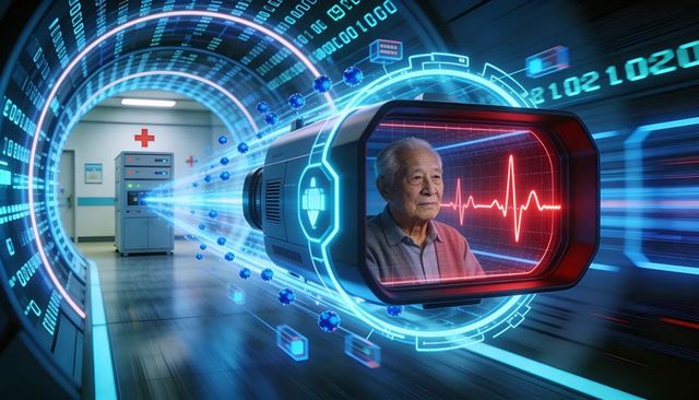 Futuristic telemetry scanner projecting senior Asian patient heart data in clinic corridor