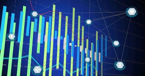 Displaying neon data visualization dashboard with vertical bar chart and network nodes