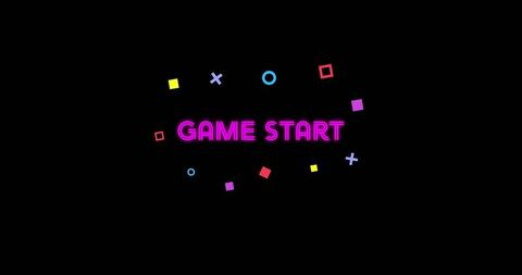 Vibrant Neon Game Start Screen with Geometric Shapes